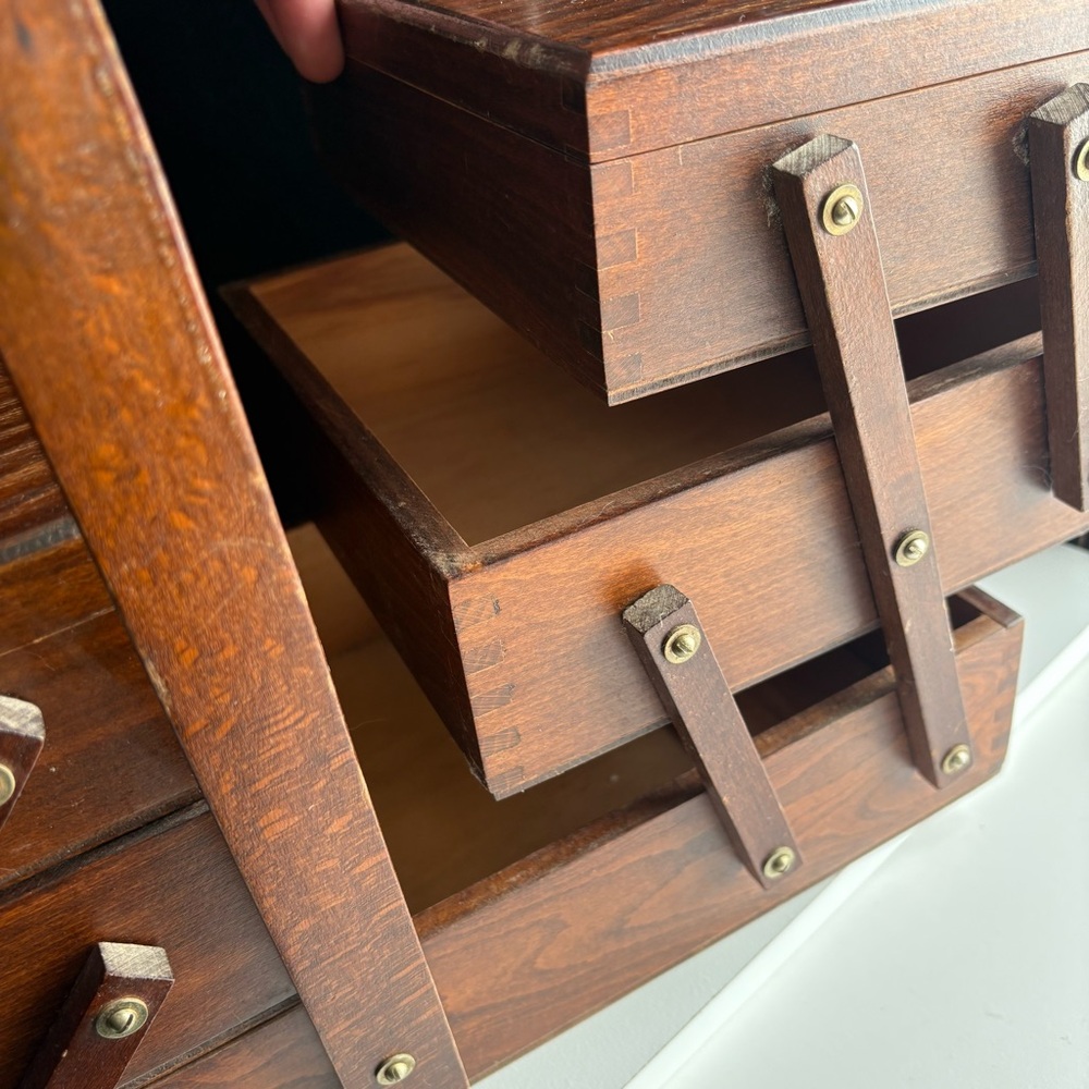 Mid Century Multi Tier Organized Box Fold Out jewelry Sewing Box Organizer - Picture 7 of 16